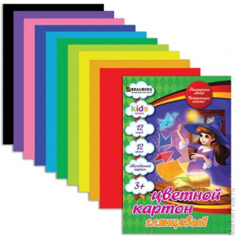Цветной картон, А4, мелованный, 12 листов, 12 цветов, BRAUBERG "Kids series", "Чародейка", 200х290 мм, 124770