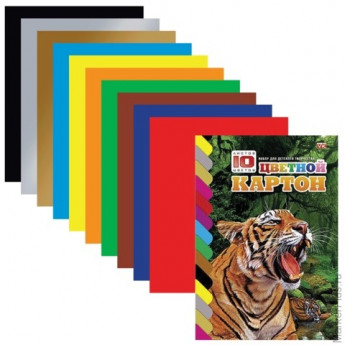 Цветной картон, А4, мелованный, склейка, 10 листов, 10 цветов, HATBER VK, "Тигр", 195х275 мм, 10Кц4к 13700, N182833