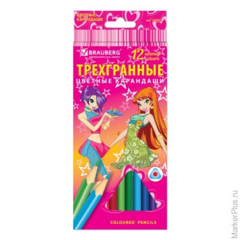 Карандаши цветные BRAUBERG "Pretty Girls", 12 цветов, трехгранные, заточенные, картонная упаковка, 180593