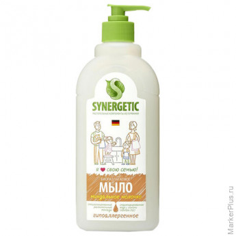 Мыло жидкое 500 мл SYNERGETIC "Миндальное молочко", гипоаллергенное, биоразлагаемое, дозатор, 105058