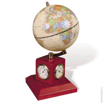 Глобус на подставке с часами, термометром и гигрометром GALANT, цвет - красное дерево, диам. 90 мм, 