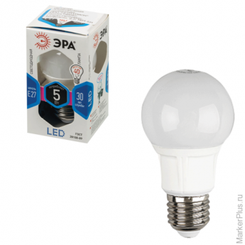 Лампа светодиодная ЭРА, 5 (40) Вт, цоколь E27, грушевидная, холодный белый свет, 30000 ч., F-LED А60