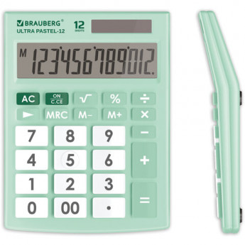 Калькулятор настольный BRAUBERG ULTRA PASTEL-12-LG (192x143 мм), 12 разрядов, двойное питание, МЯТНЫЙ, 250504