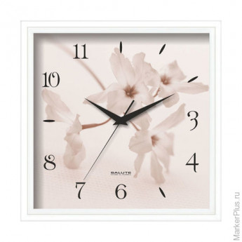 Часы настенные САЛЮТ П-2А7-406, квадрат, белые с рисунком "Цветы", белая рамка, 28х28х4 см
