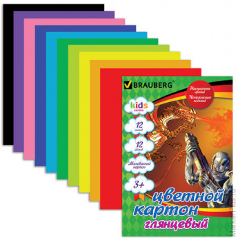 Цветной картон, А4, мелованный, 12 листов, 12 цветов, BRAUBERG "Kids series", "Сила дракона", 200х290 мм, 124771