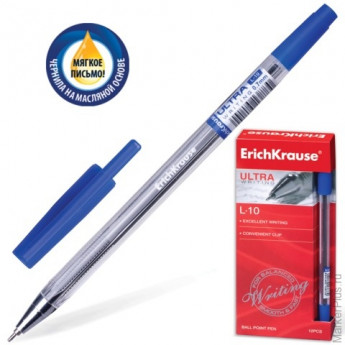 Ручка шариковая масляная ERICH KRAUSE "Ultra L-10", корпус прозрачный, 0,35 мм, синяя, 13873
