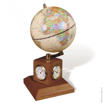 Глобус на подставке с часами, термометром и гигрометром GALANT, цвет - орех, диаметр 90 мм, 231181