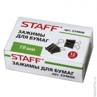Зажимы для бумаг STAFF, комплект 12 шт., 19 мм, на 60 листов, черные, в картонной коробке, 224606
