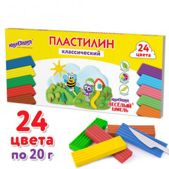 Пластилин классический ЮНЛАНДИЯ 'ВЕСЁЛЫЙ ШМЕЛЬ', 24 цвета, 480 грамм, стек, ВЫСШЕЕ КАЧЕСТВО, 106433