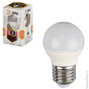 Лампа светодиодная ЭРА, 5 (40) Вт, цоколь E27, шар, теплый белый свет, 30000 ч., LED smdP45-5w-827-E