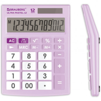 Калькулятор настольный BRAUBERG ULTRA PASTEL-12-PR (192x143 мм), 12 разрядов, двойное питание, СИРЕНЕВЫЙ, 250505