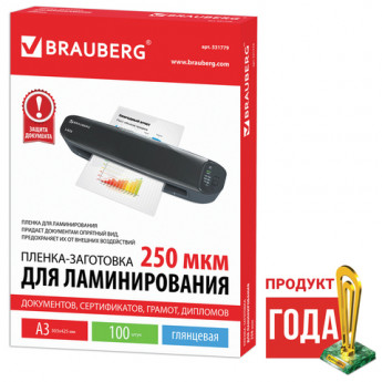 Пленки-заготовки для ламинирования БОЛЬШОГО ФОРМАТА, А3, КОМПЛЕКТ 100 шт., 250 мкм, BRAUBERG, 531779, комплект 100 шт