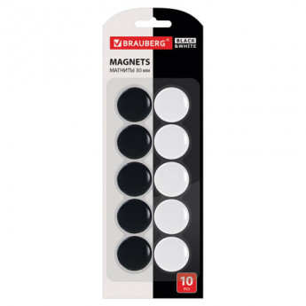 Магниты BRAUBERG BLACK&WHITE УСИЛЕННЫЕ 30 мм, НАБОР 10 шт, черные/белые, 237468, комплект 10 шт