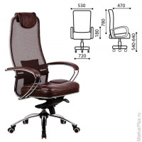 Кресло офисное МЕТТА "SAMURAI" SL-1, кевларовая ткань-сетка/кожа, темно-коричневое