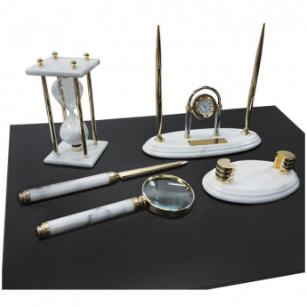 Набор настольный подарочный Delucci, 6 предметов, белый мрамор с золотой отделкой, часы в комплекте