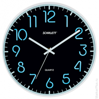 Часы настенные SCARLETT SC-WC1007O круглые, черные, серебристая рамка, пластик, плавный ход, 30х30х4