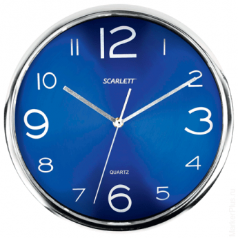 Часы настенные SCARLETT SC-WC1012O круглые, синие, серебристая рамка, пластик, плавный ход, 30х30х4,