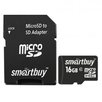 Карта памяти microSDHC 16GB SMARTBUY, 10 Мб/сек (class 10), с адаптером, SB16GBSDCL10-01