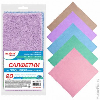 Салфетки из МИКРОФИБРЫ ПЛЮШЕВОЙ 30х30 см, КОМПЛЕКТ 20 шт., PASTEL, ассорти, 250 г/м2, LAIMA HOME, 608444