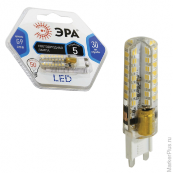 Лампа светодиодная ЭРА, 5 (50) Вт, цоколь G9, JCD, холодный белый свет, 30000 ч., LED smdJCD-5w-corn