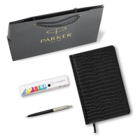 Ручка шариковая PARKER 'Jotter Plastic CT', корпус черный, ежедневник А5 черный, золотой срез, пакет, 880894