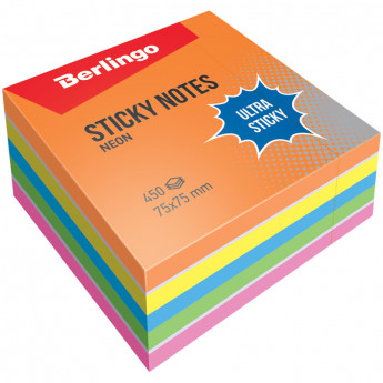 Самоклеящийся блок Berlingo 'Ultra Sticky', 75*75мм, 450л, 5 неоновых цветов + 1 белый