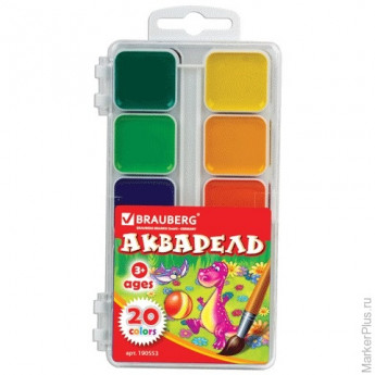 Краски акварельные BRAUBERG, 20 цветов, медовые, пластиковая коробка, без кисти, 190553