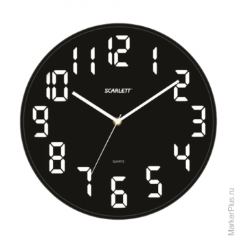 Часы настенные SCARLETT SC-55BL, круглые, черные, черная рамка, пластик, плавный ход, 30,8х30,8х5,3 