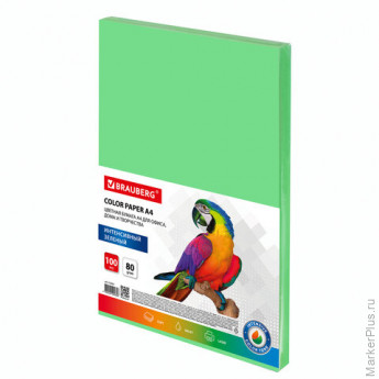 Бумага цветная BRAUBERG, А4, 80 г/м2, 100 л., интенсив, зеленая, для офисной техники, 112451