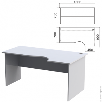 Стол письменный эргономичный 'Монолит', 1600х900х750 мм, правый, цвет серый, СМ6.11
