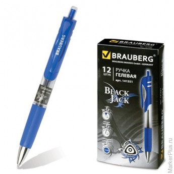 Ручка гелевая BRAUBERG автоматическая "Black Jack", корпус трехгранный, резиновый держатель, синяя, 141551