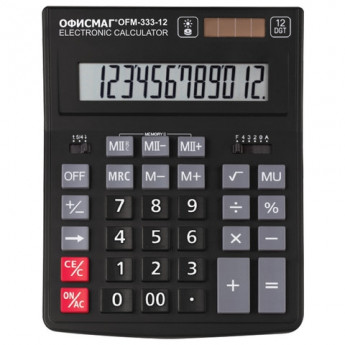 Калькулятор настольный ОФИСМАГ OFM-333 (200x154 мм) 12 разрядов, двойное питание, ЧЕРНЫЙ, 250462