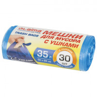 Мешки для мусора с ушками LAIMA 'ULTRA' 35 л синие, в рулоне 30 шт. прочные, ПНД 11 мкм, 50х65 см, 607684, комплект 30 шт