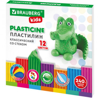 Пластилин классический BRAUBERG 'KIDS', 12 цветов, 240 г, стек, ВЫСШЕЕ КАЧЕСТВО,106436