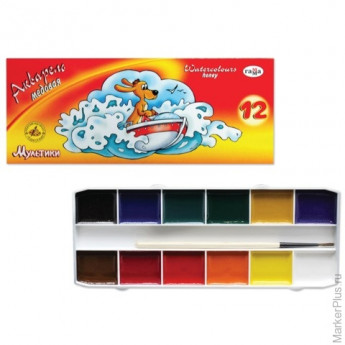 Краски акварельные ГАММА "Мультики", 12 цветов, картонная коробка, с кистью, 211049