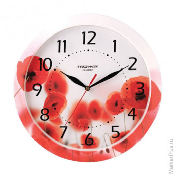 Часы настенные TROYKA 11000009, круг, белые с рисунком "Маки", рамка в цвет корпуса, 29x29х3,5 см