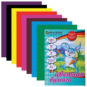 Цветная бумага, А4, офсет, 16 листов, 8 цветов, BRAUBERG "Kids series", "Зайка с бабочками", 200х275 мм, 124778