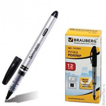 Ручка-роллер BRAUBERG "Control", корпус серебристый, толщина письма 0,5 мм, черная, 141553