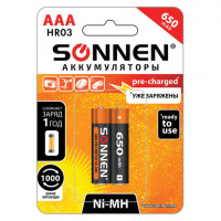 Батарейки аккумуляторные Ni-Mh мизинчиковые КОМПЛЕКТ 2 шт., AAA (HR03) 650 mAh, SONNEN, 454236, комплект 2 шт