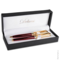 Набор Delucci: ручка шариковая, 1.0мм и ручка-роллер, 0,6мм, синие, корпус вишня/золото