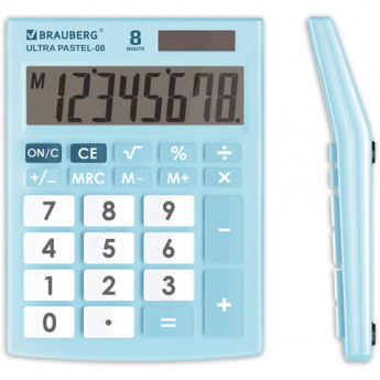 Калькулятор настольный BRAUBERG ULTRA PASTEL-08-LB, КОМПАКТНЫЙ (154x115 мм), 8 разрядов, двойное питание, ГОЛУБОЙ, 250513