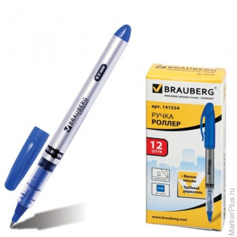 Ручка-роллер BRAUBERG "Contract", корпус серый, синие детали, толщина письма 0,5 мм, синяя, 141554