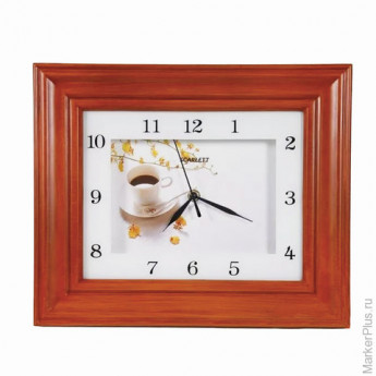 Часы настенные SCARLETT SC-25A, квадрат, белые c рисунком "Кофе", рамка под дерево, 33,2x28,2x5,2 см