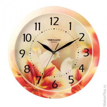 Часы настенные TROYKA 11000018, круг, белые с рисунком "Лилии", рамка в цвет корпуса, 29x29x3,5 см