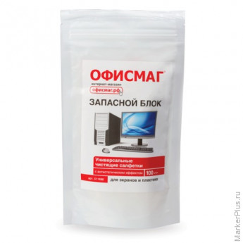 Чистящие салфетки для экранов и пластика (запасной блок) ОФИСМАГ, 100 шт., влажные, 511686, комплект 100 шт