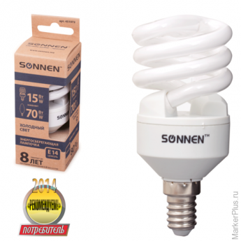 Лампа люминесцентная энергосберегающая SONNEN Т2, 15 (70) Вт, цоколь E14, 8000 часов, холодный свет, эконом, 451072