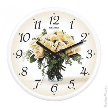 Часы настенные САЛЮТ П-2Б7-328, круг, белые с рисунком "Букет белых роз", белая рамка, 26,5х26,5х3,8