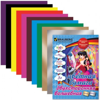 Цветная бумага, А4, волшебная, двухсторонняя, офсет, 16 листов, 10 цветов, BRAUBERG "Kids series", "Ангел", 200х275 мм, 124781
