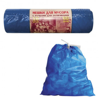 Мешки для мусора 60 л, завязки, синие, в рулоне 10 шт., ПВД, 30 мкм, 70х60 см, прочные, КОНЦЕПЦИЯ БЫТА VITALUX, 503, комплект 10 шт
