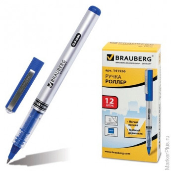 Ручка-роллер BRAUBERG RLP002, корпус серебристый, синие детали, толщина письма 0,5 мм, синяя, 141556